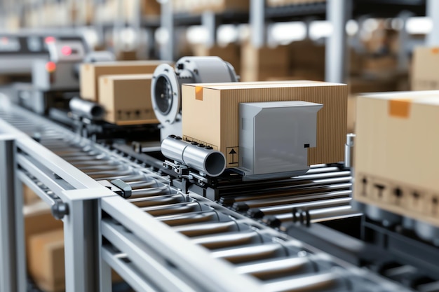 Photo automated conveyor belt system transporting packages in a warehouse showcasing efficiency and modern logistics technology