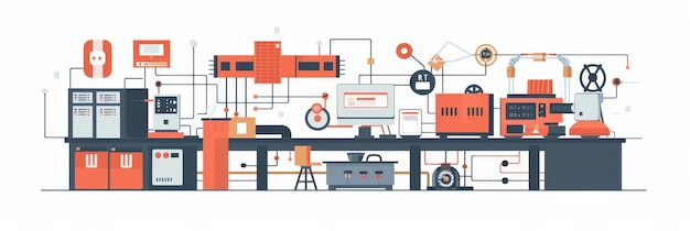 Photo automated factory production line illustration illustration of an automated factory production line with various machines and equipment connected by a network of wires and cables