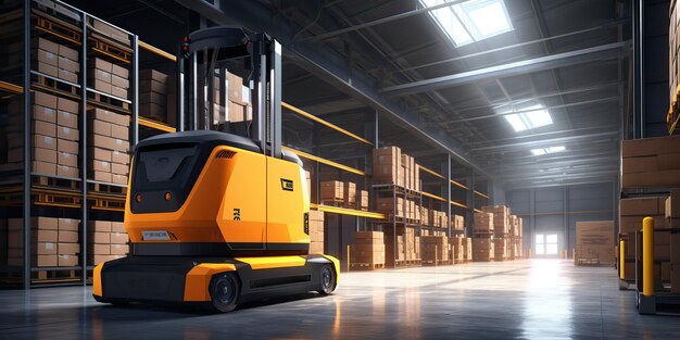 Automated Forklift doing storage in a warehouse managed by machine learning and artificial