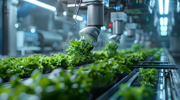 Automated Frozen Vegetable Packaging in a Smart Factory with Sleek Metallic Accents