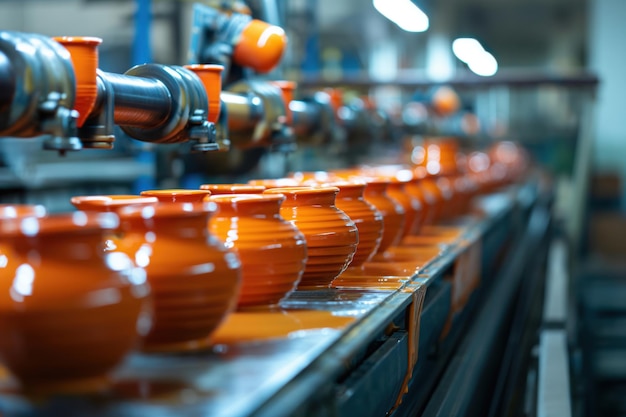 Photo automated machinery glazing ceramic pots in a factory showcasing modern manufacturing with robotics close up shot captures artistry and precision