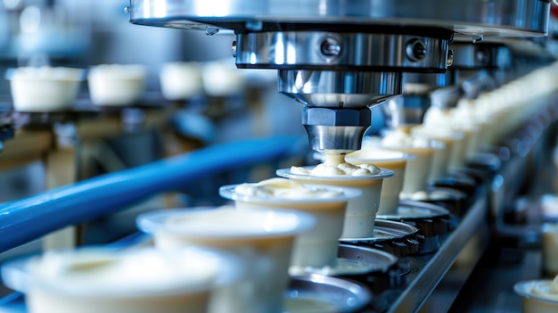 Automated machines filling cake molds with batter in a high tech dairy production plant