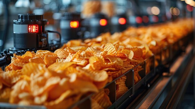 Automated packaging line sealing bags of snack chips appetizing closeup