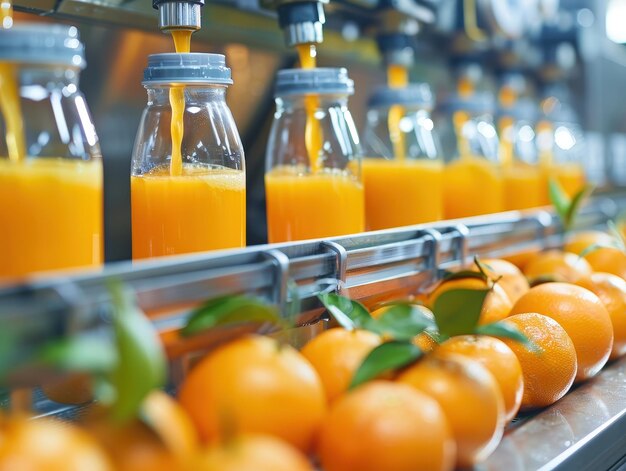 Photo automated production of fresh orange juice using modern machinery in a factory setting