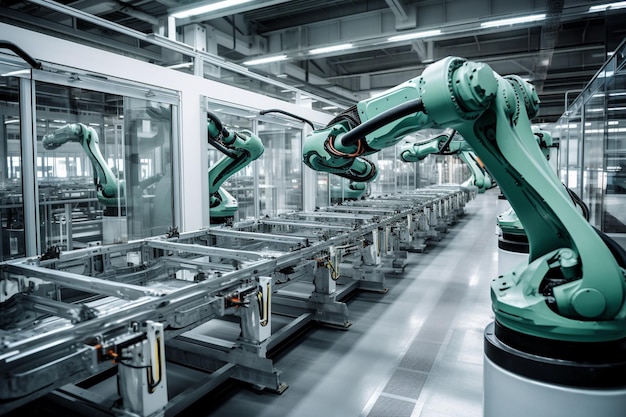 Automated Robot Arm Assembly Line Producing High Tech Electric Vehicles created with Generative AI