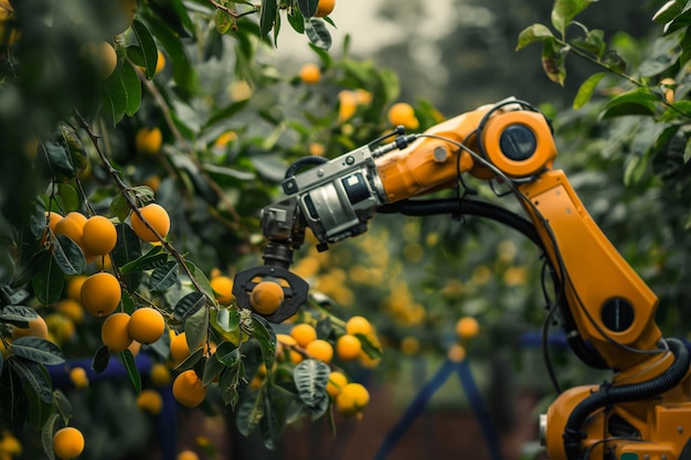 Automated robot arm selecting ripe oranges in a lush agricultural setting