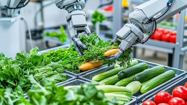 Photo automated robotic arms packaging freshly harvested vegetables in a factory automation smart