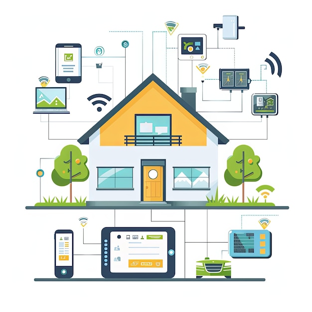 Photo automated smart home technology controlling household devices via an app depicted in flat design on a white background