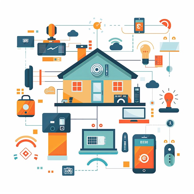 Photo automated smart home technology controlling household devices via an app depicted in flat design on a white background