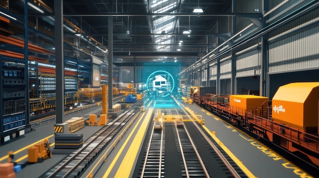 Photo automated train system in modern industrial warehouse