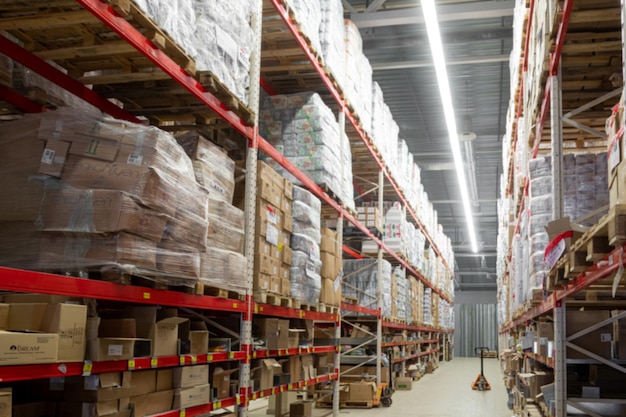 Automated warehouse complex with highbay shelving blurred photography defocus