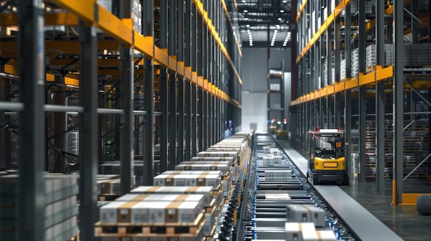 Photo an automated warehouse with robots moving pallets and goods showcasing advanced logistics technology