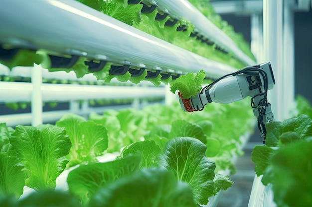 Automatic Agricultural Technology With Closeup View Of Robotic Arm Harvesting Lettuce In Vertical Hydroponic Plant