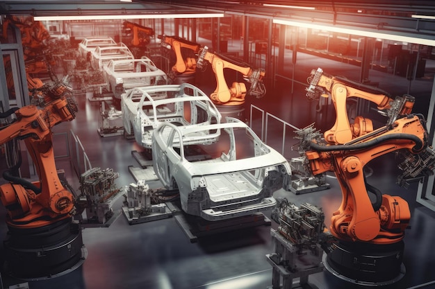 Automatic car production line with robotic arm in in car factory autonomous robot assembly line Generative AI