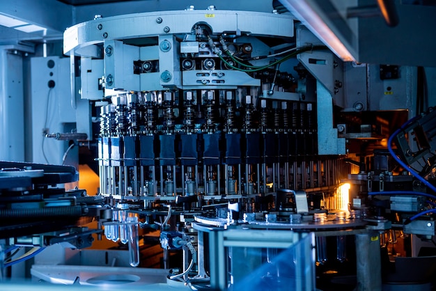 Automatic filling machine pours water into plastic pet bottles at modern beverage plant