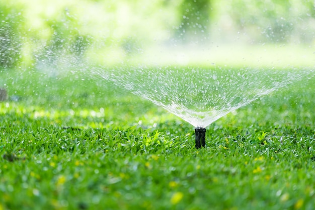 Automatic Garden Lawn sprinkler in action watering grass 