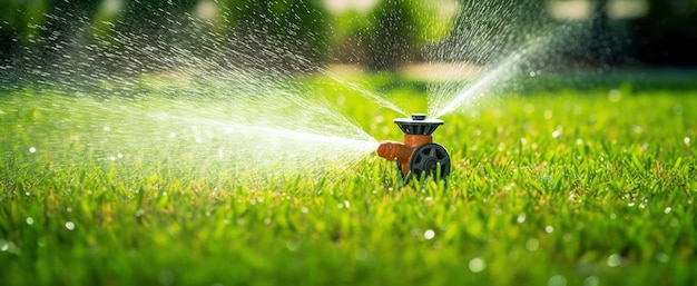 Automatic garden lawn sprinkler in action watering grass