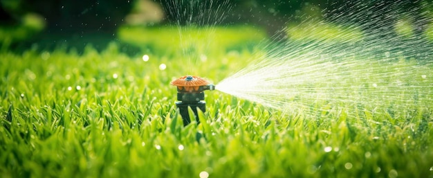 Automatic garden lawn sprinkler in action watering grass