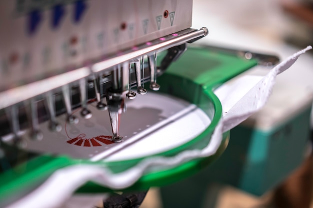 Automatic industrial sewing machine by digital pattern. Modern textile industry.