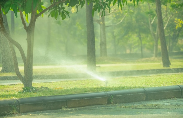 Automatic lawn sprinkler watering green grass on sunny summer days Sprinkler with automatic system