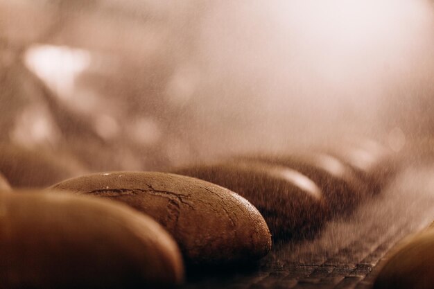 Automatic production line bakery Baked breads from hot oven