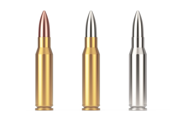 Automatic Rifles 7.62 mm Caliber Metal Bullet on a white background. 3d Rendering