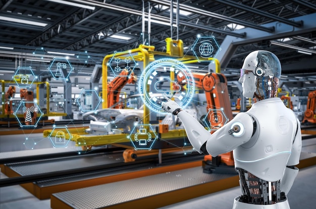 Automation automobile factory concept with 3d rendering robot assembly line in car factory