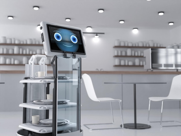 Automation cafe with robotic assistant or service robot serve food