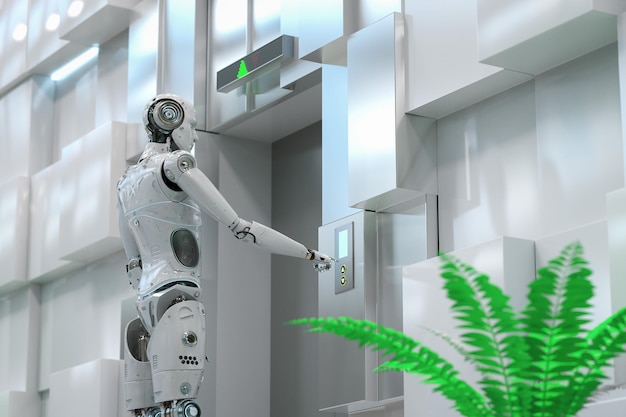 Automation elevator technology concept with cyborg hand push elevator button