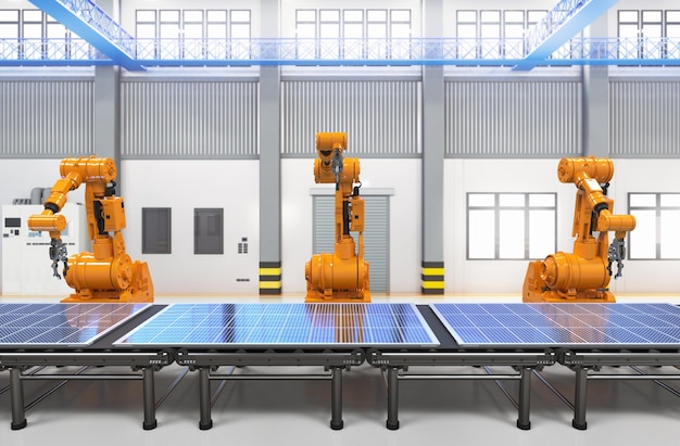 Automation factory with robot assembly line produce solar panels