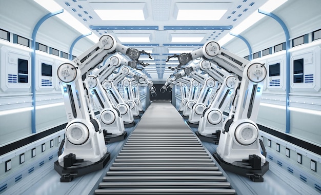 Automation industry concept with 3d rendering robot assembly line in  factory