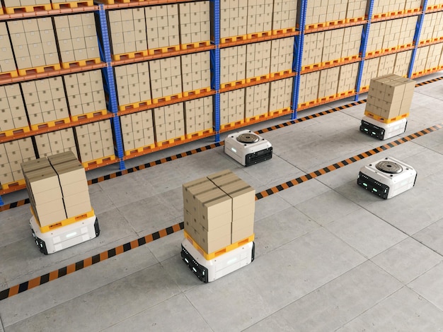 Automation warehouse management with robot carry cardboard box