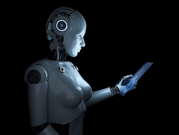 Automation worker concept with 3d rendering female cyborg or robot with glass tablet