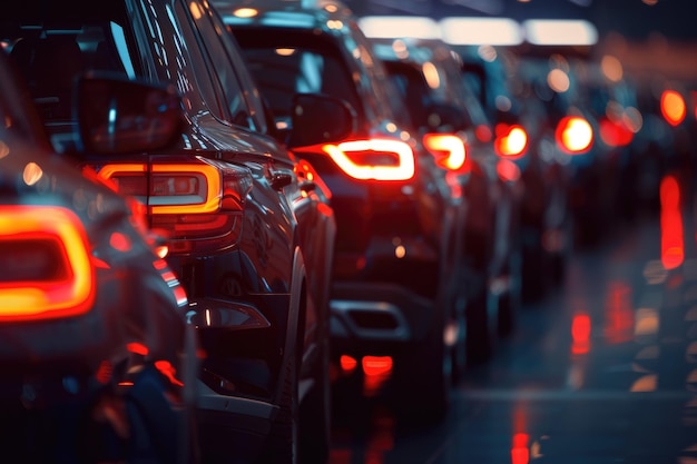 Automobile Business Black SUVs on Display at Car Dealership with Bokeh Background