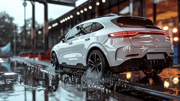 automobile model is reflected in a puddle of water