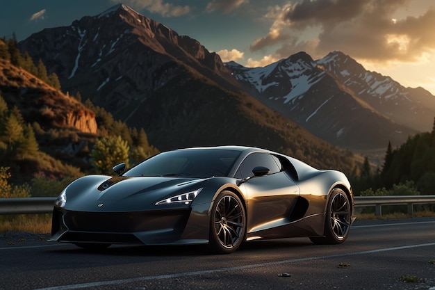 automobile model is a sports car that is silver and has a mountain in the background