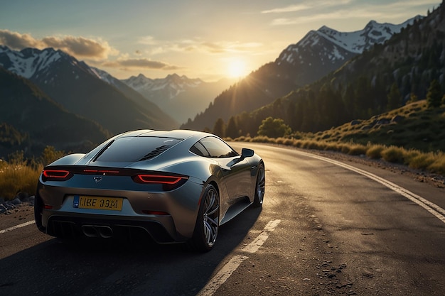 Photo automobile model on the road in front of mountains