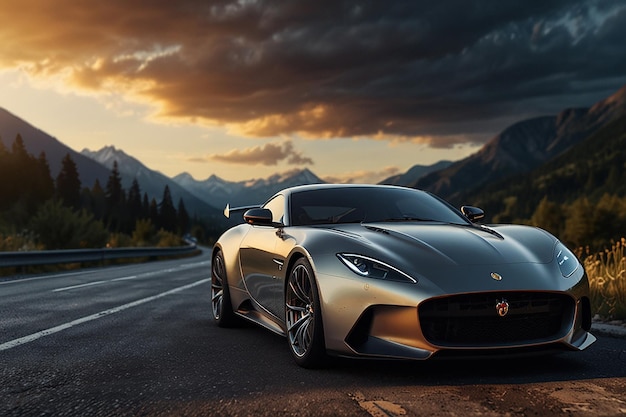 automobile model on the road in front of mountains