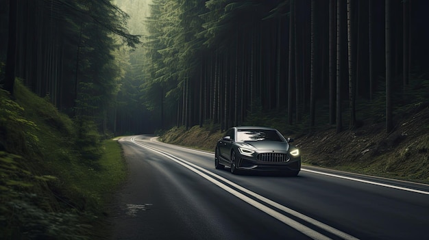 automobile model on a road in the woods