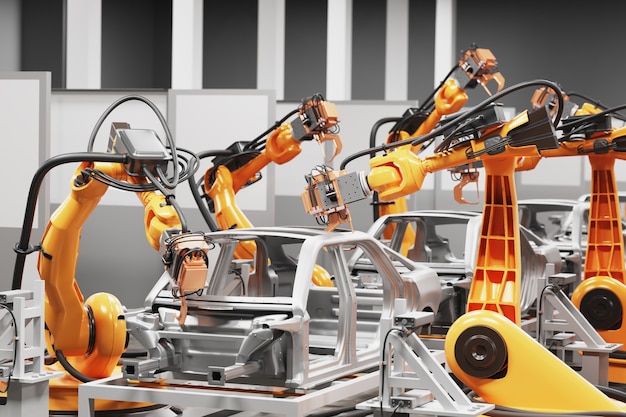 Automobile production line using robots to work in smart factories. 3d Illustration