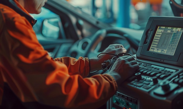 automobile repair machinist checking vehicle in garage