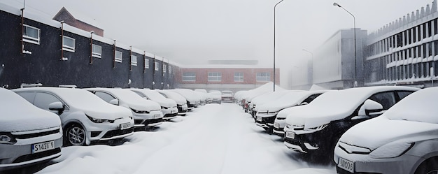 Photo automobiles parking in rows near office building or supermarket in winter time