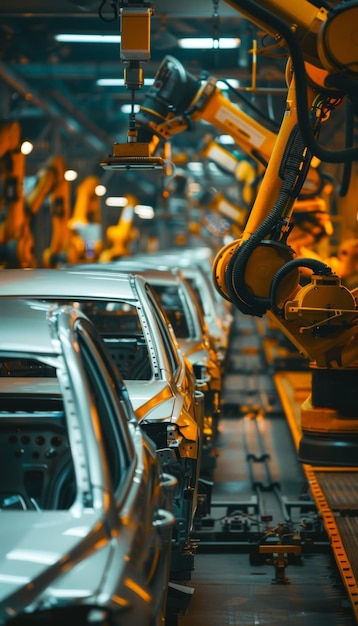 Photo automotive assembly line with engineer adjusting car door alignment in modern factory