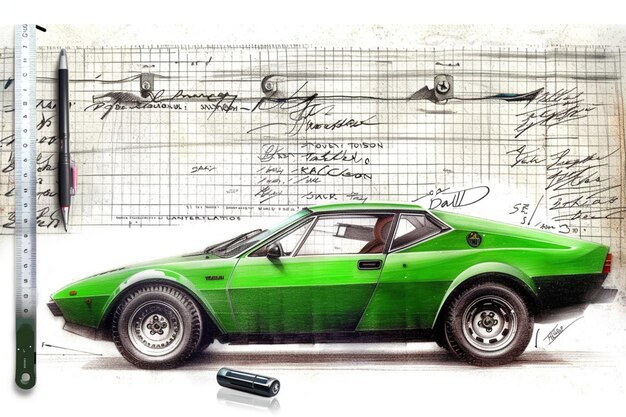 Photo automotive designer sketching classic green sports car on graph paper