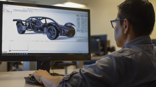 Photo automotive designer working on electric car prototype using cad software