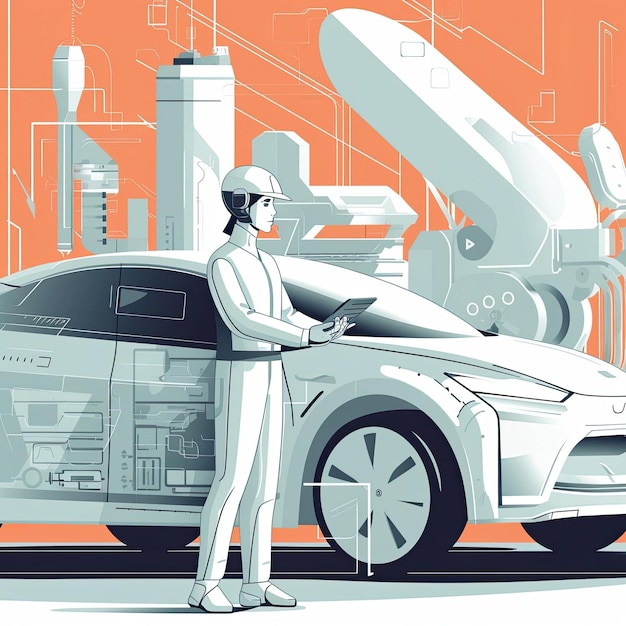 Automotive engineer standing next to a concept car with a tablet or laptop in hand analyzing data and making design adjustments Flat illustration