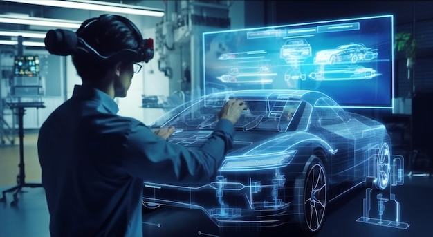 Automotive Engineer Use Virtual Reality Headset for creating new car design