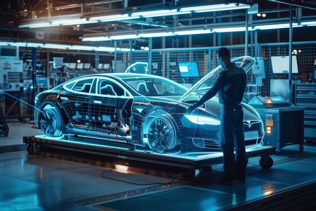 Automotive engineer using advanced tech on futuristic assembly line for car manufacturing