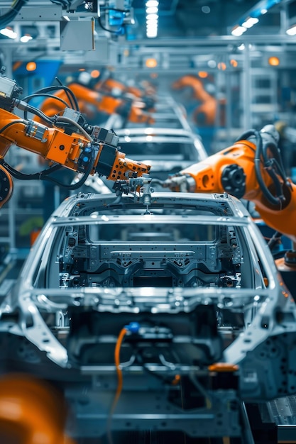 Automotive engineer utilizing advanced technology at futuristic car manufacturing assembly line