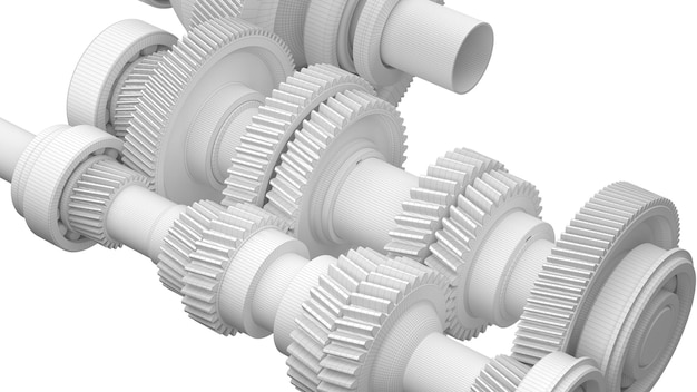 Automotive gearbox 3d render Gears in the mechanism polygonal illustration